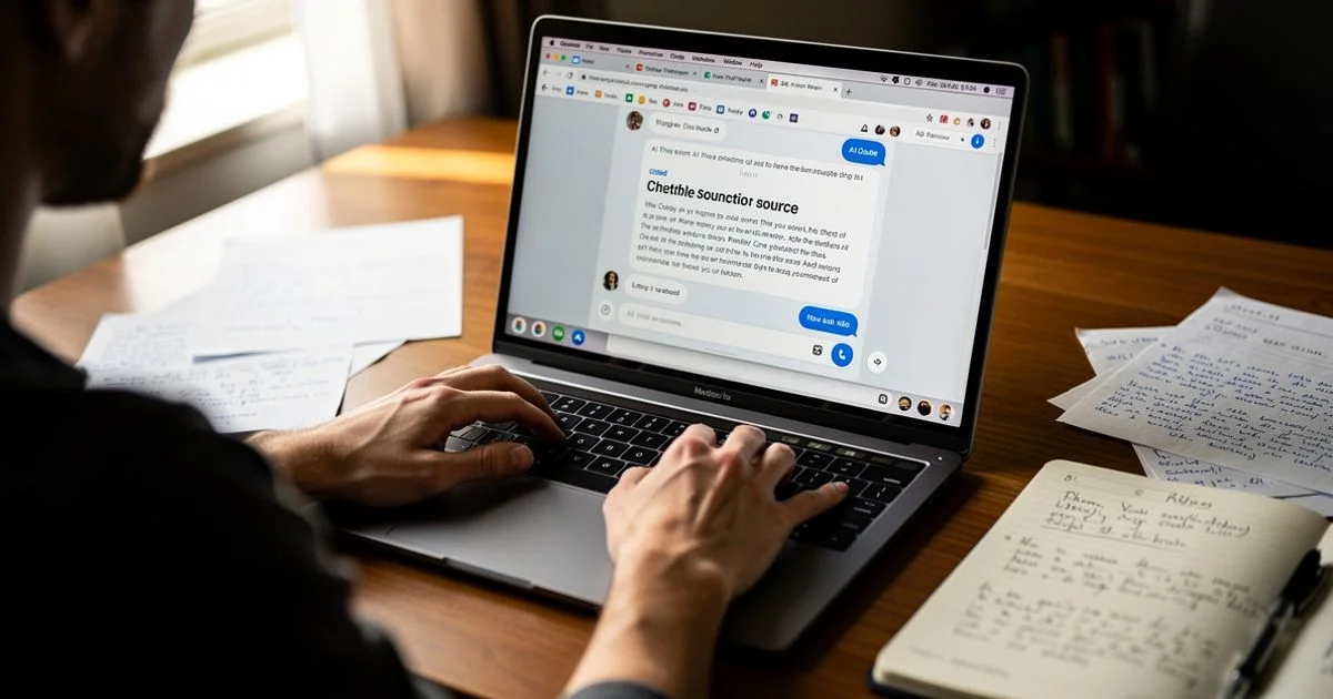 Person at desk typing on laptop with an AI answer interface open, notes scattered nearby, soft natural window light